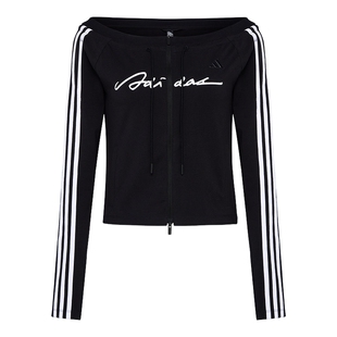 adidas阿迪达斯修身船领外套女三条纹舞动一字肩针织夹克 LE2699