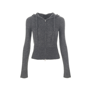 wana try羊驼毛羊毛连帽针织开衫2025秋冬新品灰色韩系简约上衣女