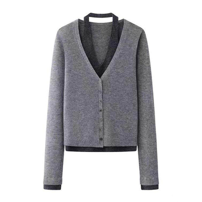 艾诺丝国内代购2026春季新款撞色V领假两件打底毛针织衫BR801157