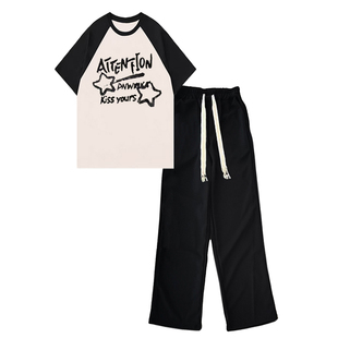 学生套装女2026新款宽松盐系插肩短袖女t恤夏季初中生穿搭一整套