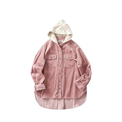 女纯棉叠穿风连帽条绒衬衫藕粉色