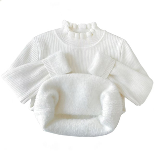 女童毛衣套头一体绒2025冬新款儿童毛衣加绒女宝宝花边领毛衫加厚