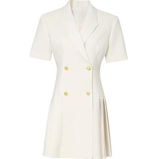 夏季女装2026新款气质法式杏色短袖收腰显瘦西装连衣裙短裙女