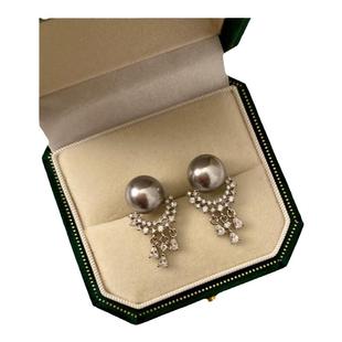 西大班 澳白珍珠耳饰女法式轻奢高级感流苏款925纯银真多麻灰耳钉