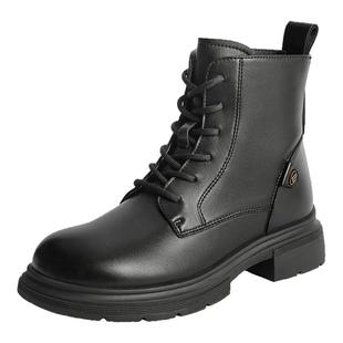 百丽英伦风马丁靴工装靴女鞋新款冬季真皮加绒羊皮短靴B7E2DDD4