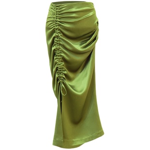 澄渔高定【荷月山岚】新中式山岚绿日本进口三醋酸抽褶开衩半身裙