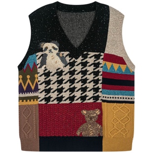 UOOYAA/乌丫「奶奶毛衫」复古拼布手绣熊猫毛衫背心