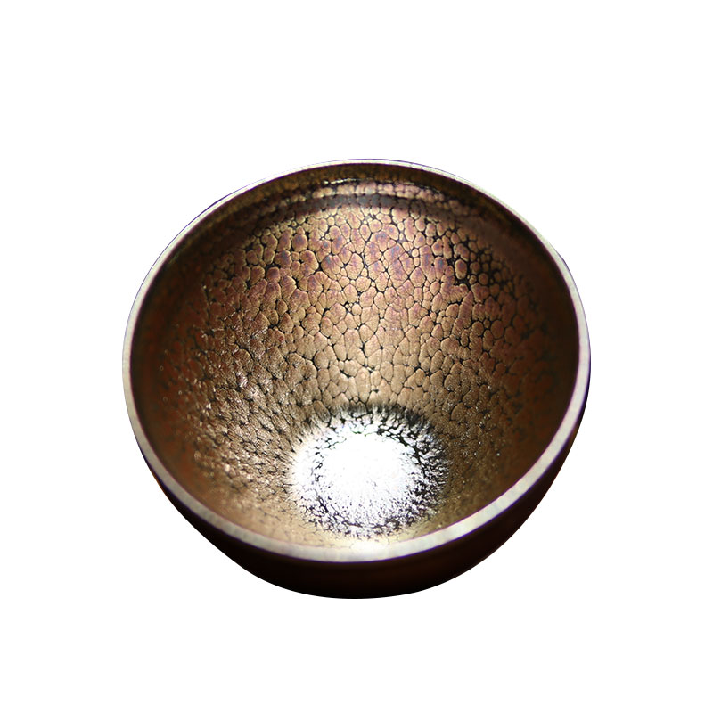 原矿手工窑变百花彩金建盏主人杯