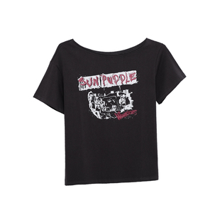 荒荒家 摇滚印花露斜肩短袖2025夏季新款高街bf宽松休闲时尚T恤女