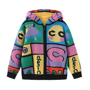 clanc潮牌童装2024冬新款儿童撞色加绒保暖连帽毛衣男童针织外套