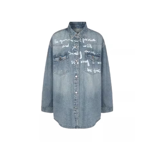 YUSSI2026超火减龄早春字母印花蓝色衬衫牛仔外套女宽松长袖上衣