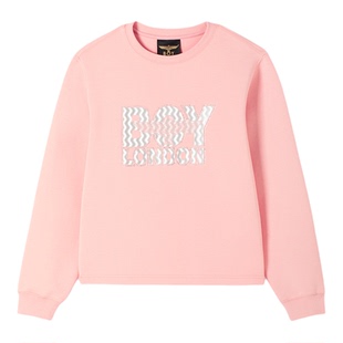 【桃雾波纹】BOYLONDON春季时尚女款卫衣简约印花长袖上衣W03913