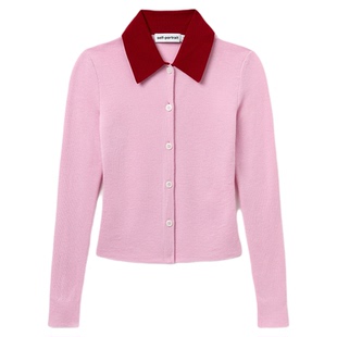 self-portrait 2025早秋新款粉红色翻领美丽诺绵羊毛针织上衣