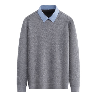 罗蒙加绒加厚衬衫假两件毛衣男士2025秋冬新款翻领保暖打底针织衫