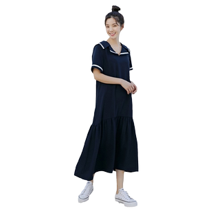 海军领长款短袖连衣裙2024春夏新款宽松舒适文艺气质高个子淑女裙