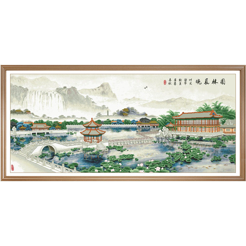亭台楼阁园林晨晓大格满绣手工