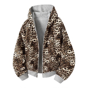 查尔斯桃心豹纹十字架印花双面穿开衫卫衣男女春秋季休闲百搭外套