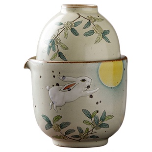 梵悦原创手工手绘桂花兔子旅行茶具套装古朴粗陶便携手抓壶泡茶壶