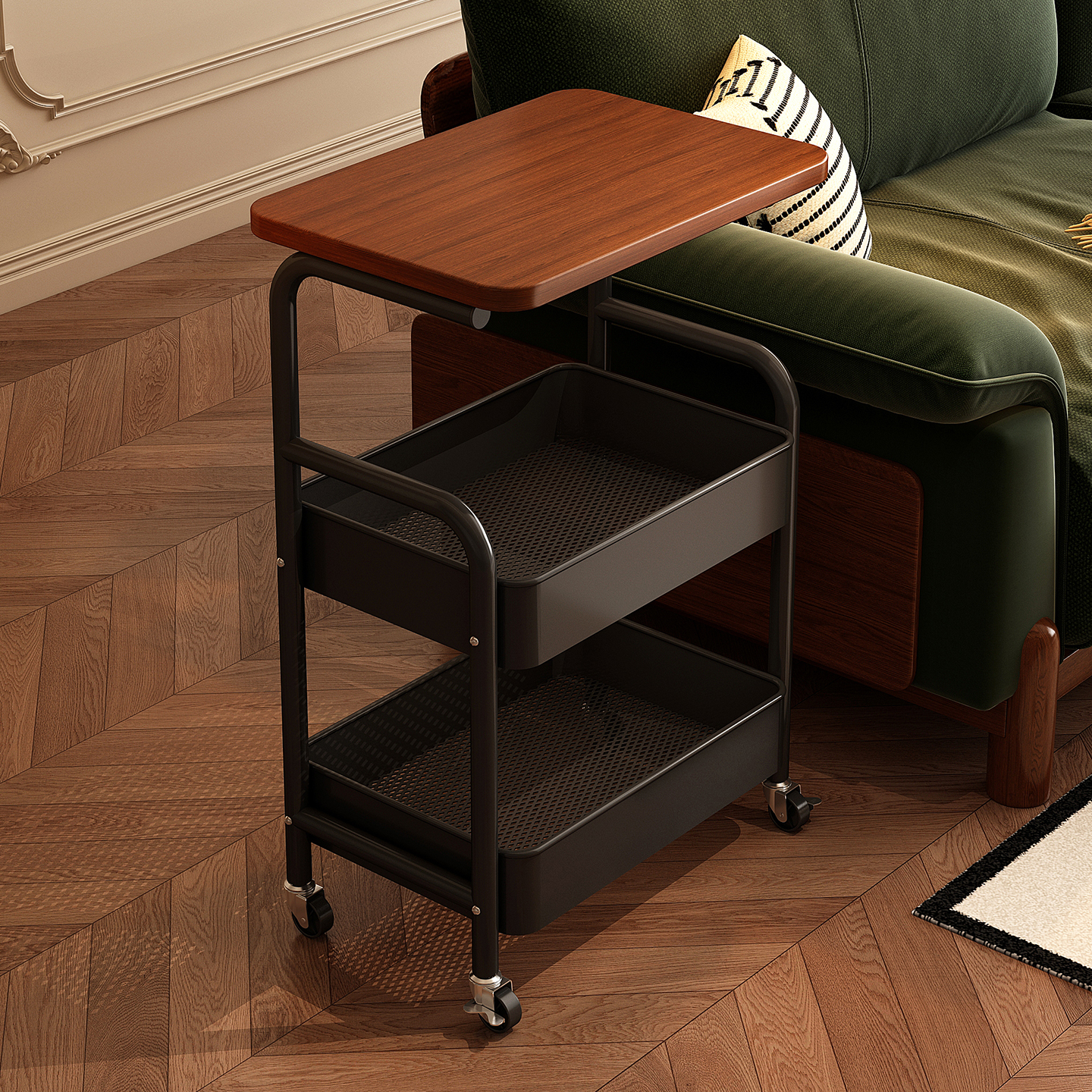可移动茶边几中古风小推车带桌板置物收纳层架客厅沙发侧边柜床边