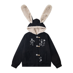 文文不乖原创兔耳座山雕刺绣毛领连帽加厚KT外套女秋冬毛绒夹棉
