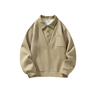 韦恩泽维尔加肥加大宽松大码秋冬男假两件撞色拼接长袖POLO8883