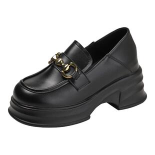 真皮小个子增高乐福鞋女2024新款厚底一脚蹬单鞋英伦风高跟小皮鞋