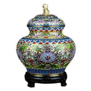 七八十年代库存老货景泰蓝金地狮顶罐紫铜胎掐丝珐琅茶叶罐摆件