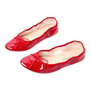 东大门女鞋亮面法式单鞋女蝴蝶结芭蕾浅口鞋柠檬黄平底鞋漆皮瓢鞋