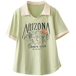 夏季大码200斤小众正肩上衣胖MM短袖宽松Polo领拼接撞色减龄T恤潮