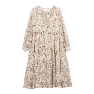 芭依璐连衣裙2026春装新款碎花雪纺长袖收腰气质法式韩版荷叶边女