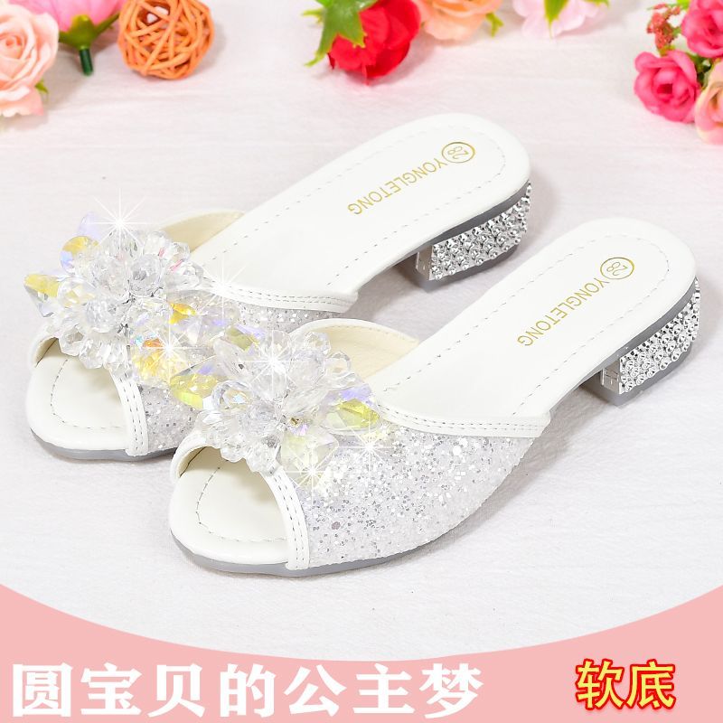 白色拖鞋灰姑娘女童水晶高跟拖鞋夏季鱼嘴拖鞋软底居家宝宝凉拖鞋