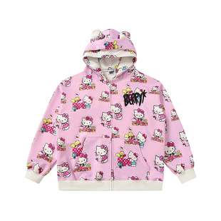 y2k亚文化恶搞Kitty猫连帽卫衣女秋冬加绒宽松开衫外套设计感上衣