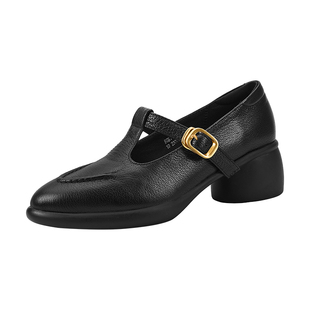 星期六真皮单鞋复古风T字带玛丽珍鞋女粗跟厚底软底乐福鞋丁字鞋