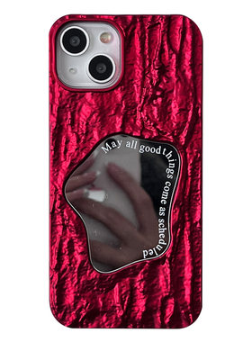 新年红色褶皱几何镜面适用iphone15promax手机壳苹果14新款13pro保护套12女11简约高级14pro气质小众全包硬壳