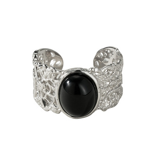 素图蕾丝黑玛瑙戒指925纯银女小众原创时尚食指戒气质高级感指环
