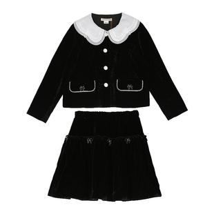 IVY HOUSE常春藤童装女童冬季新款 法式小香风丝绒外套半身裙套装