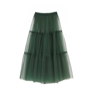 TEATREE自制 网纱拼接半身裙女中长款仙女蓬蓬大摆纱裙墨绿仙四季