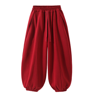 女童加绒运动裤冬2025新款儿童弯刀裤女孩一体绒红色卫裤加厚裤子