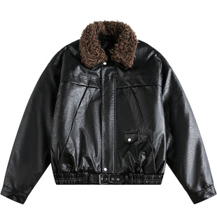雅痞制噪日系复古翻领毛领皮衣男宽松机车风黑色PU皮夹克保暖外套