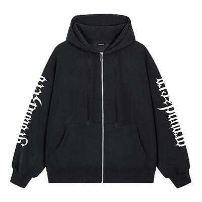 itGROUNDZERO2025秋冬加绒情侣款休闲LOGO黑色连帽长袖卫衣上衣