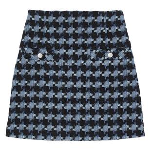 SANDRO Outlets秋冬女装时尚蓝黑撞色千鸟格高腰修身A字半身短裙