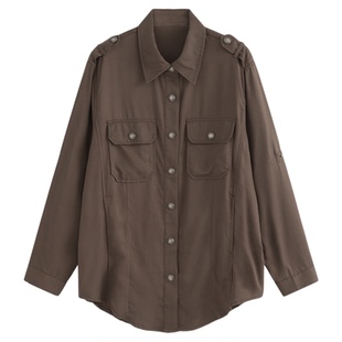 AZure温柔风做旧仿天丝衬衫法式复方领工装外套气质肩章防晒风衣