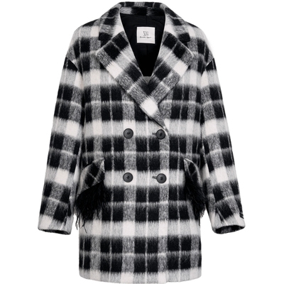 XG雪歌黑白格纹设计毛呢外套时尚冬季新款中长款通勤绵羊毛大衣女