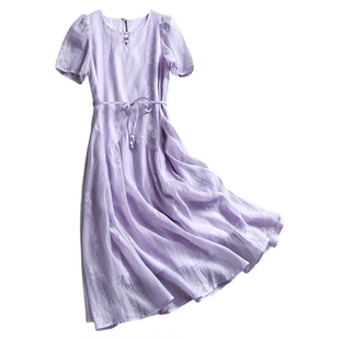 浅紫色系带收腰温柔巨好看2025夏季新款泡泡袖气质女裙连衣裙C331