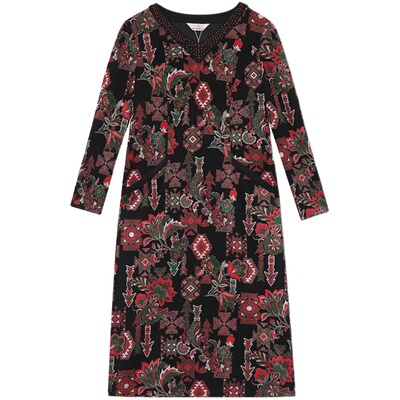 妙采中年女士V领重工烫钻连衣裙