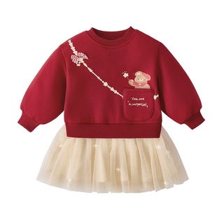 女童红色连衣裙新款秋冬加厚宝宝加绒卫衣裙洋气儿童裙子女孩冬季