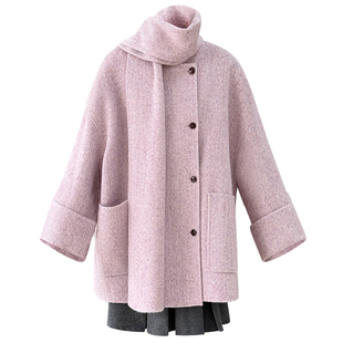 赫本粉紫色羊毛蚕丝驼绒双面呢混纺外套廓形时髦氛围感大衣9878