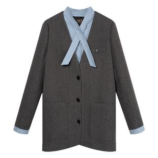 白鹿语高级感鸭绒加厚冬款时尚优雅撞料拼接V领系带单排扣羽绒服