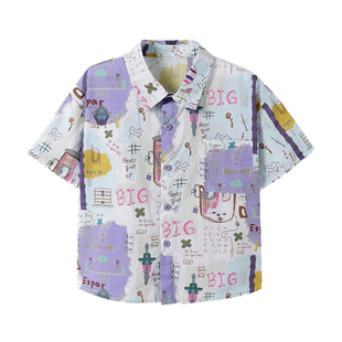 砚台家童装男童涂鸦短袖衬衫夏装宝宝韩版上衣儿童纯棉花衬衣洋气