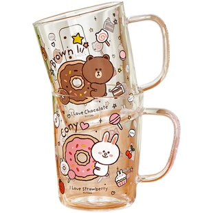 LINE FRIENDS高硼硅玻璃杯子喝水杯女可爱家用耐高温早餐牛奶杯